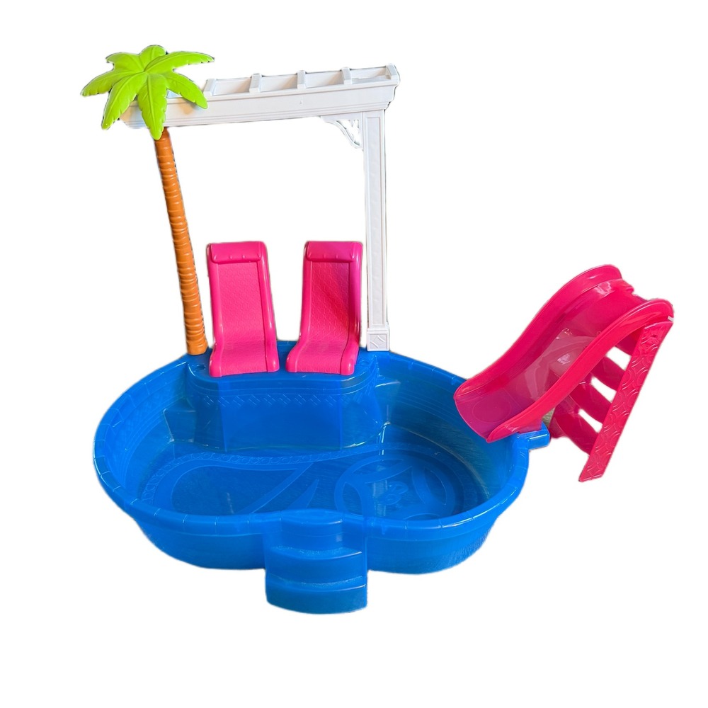 Mattel Barbie Doll Glam Pool Playset Blue Pink Slide Palm Tree 2014 Kids Toy